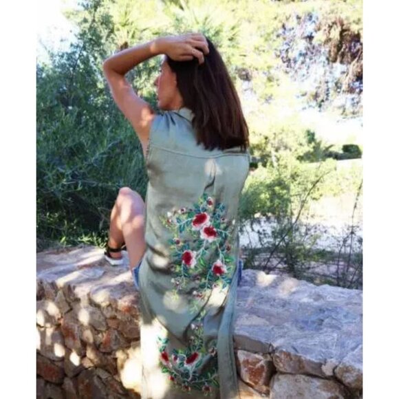 Zara Woman Olive Green Sleeveless Maxi Button-Down Shirt blouse tunic Floral - Picture 12 of 16